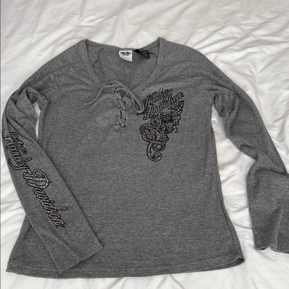 Harley-Davidson Gray Long Sleeve Tie Front Blouse